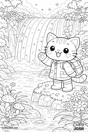 A curious kawaii cat stumbles upon a magical waterfall made of rainbows