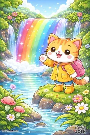 A curious kawaii cat stumbles upon a magical waterfall made of rainbows