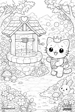 Kawaii cat discovering a wishing well with sparkles