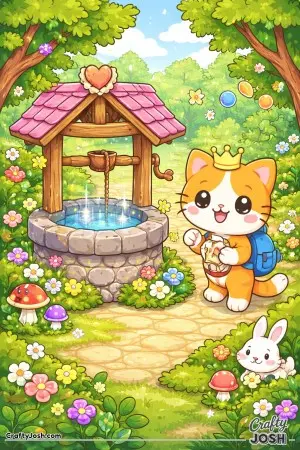 Kawaii cat discovering a wishing well with sparkles