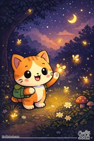 A curious kawaii cat opens a secret door and discovers a magical garden maze.