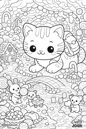 A curious kawaii cat tiptoes into a magical cave made of candy.
