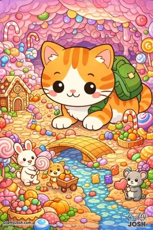 A curious kawaii cat tiptoes into a magical cave made of candy.
