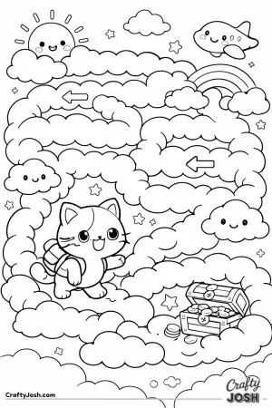Kawaii cat exploring a cloud maze