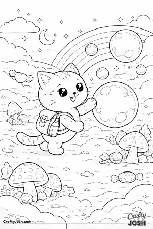 Kawaii cat exploring a dream bubble world