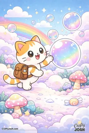 Kawaii cat exploring a dream bubble world
