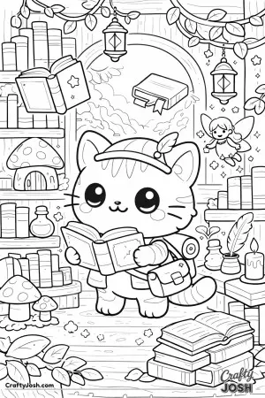 A curious kawaii cat wanders into a magical fairy library where books float and secrets sparkle.
