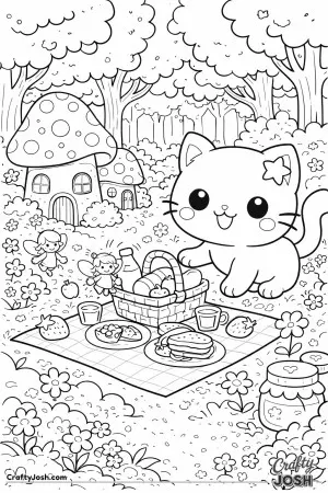 Kawaii cat exploring a fairy picnic in the woods