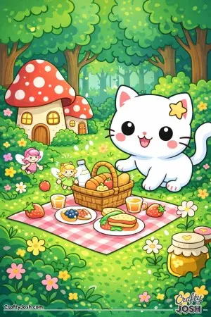 Kawaii cat exploring a fairy picnic in the woods
