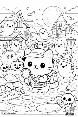 Kawaii cat exploring a friendly ghost village