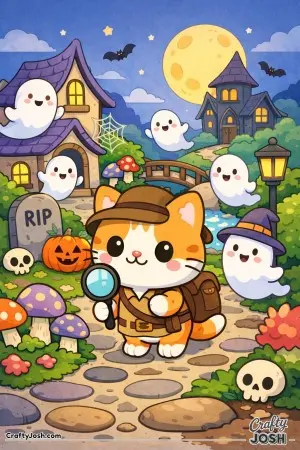 Kawaii cat exploring a friendly ghost village