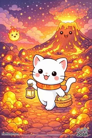 Kawaii cat exploring a friendly volcano with glowing rocks