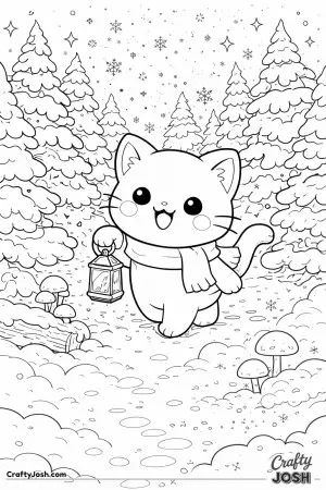 Kawaii cat exploring a glowing snow forest
