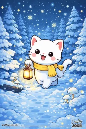 Kawaii cat exploring a glowing snow forest