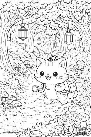 Kawaii cat exploring a lantern lit forest path