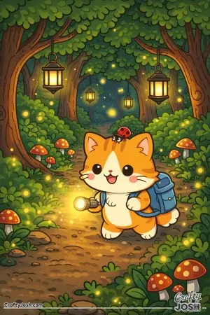 Kawaii cat exploring a lantern lit forest path