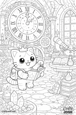 Kawaii cat exploring a magical clock tower
