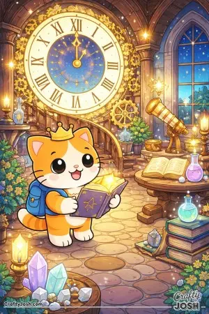 Kawaii cat exploring a magical clock tower