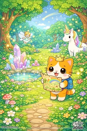Kawaii cat exploring a magical forest clearing