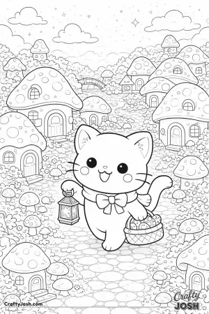 Kawaii cat exploring a mushroom house village