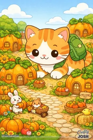 A curious kawaii cat wanders into a cozy village made of pumpkins.