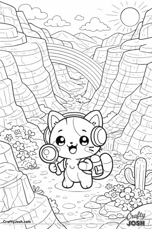 Kawaii cat exploring a rainbow canyon