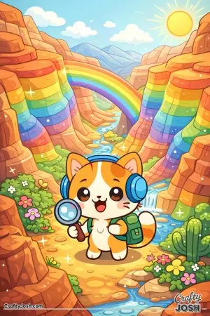Kawaii cat exploring a rainbow canyon