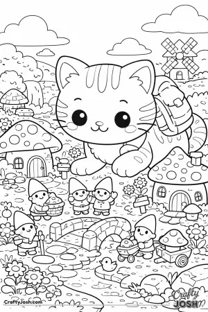 A giant kawaii cat discovers a magical village of tiny gnomes.