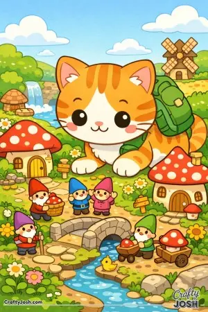A giant kawaii cat discovers a magical village of tiny gnomes.