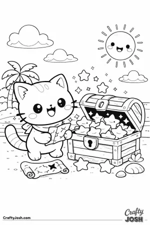 A curious kawaii cat discovers a magical treasure chest overflowing with smiling stars.