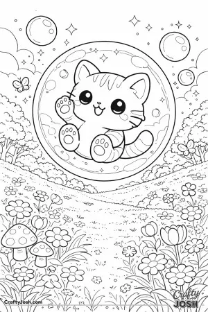 A playful kawaii cat floats gently inside a magical bubble above a sunny meadow.