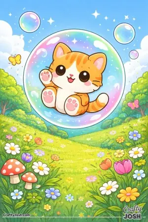 A playful kawaii cat floats gently inside a magical bubble above a sunny meadow.
