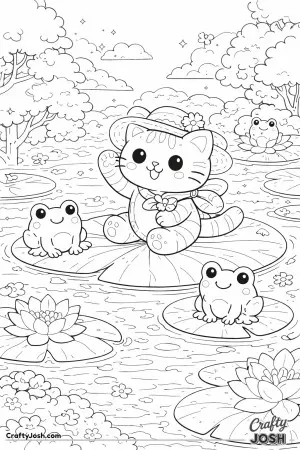 Kawaii cat floating on a lily pad with frogs