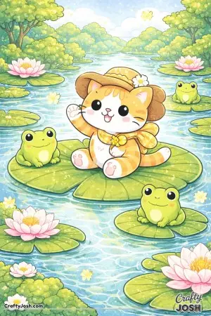 Kawaii cat floating on a lily pad with frogs