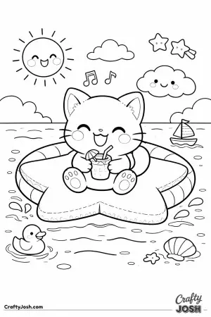 Kawaii cat floating on a star shaped raft