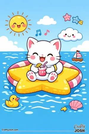 Kawaii cat floating on a star shaped raft