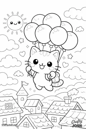 Float into a dreamy sky where a cheerful kitty soars high above cozy rooftops.