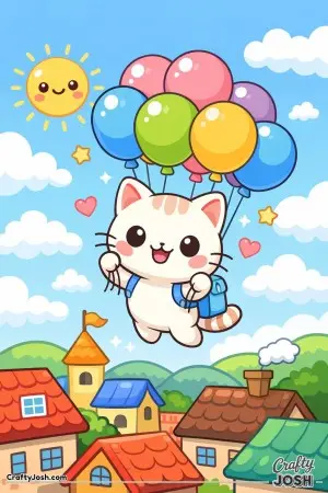 Float into a dreamy sky where a cheerful kitty soars high above cozy rooftops.