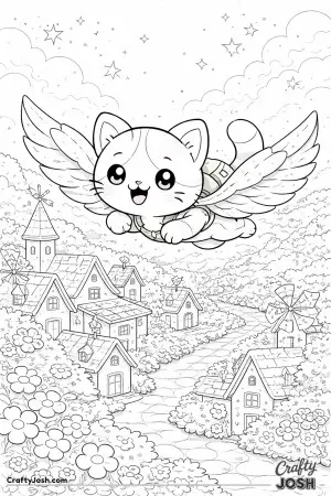 Kawaii cat flying with paper wings over a village