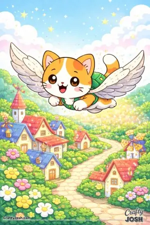 Kawaii cat flying with paper wings over a village