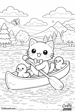 A happy kitty paddles along the lake with its ducky friends.