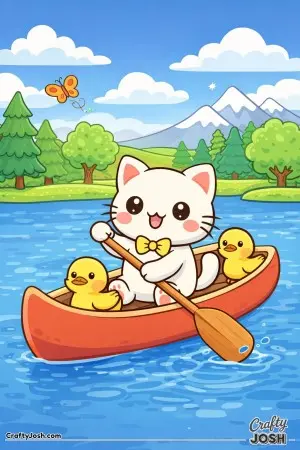 A happy kitty paddles along the lake with its ducky friends.