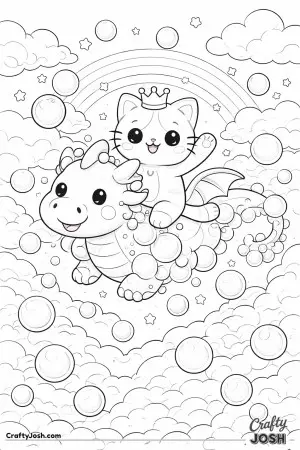 Kawaii cat riding a bubble dragon through the sky