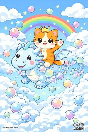 Kawaii cat riding a bubble dragon through the sky
