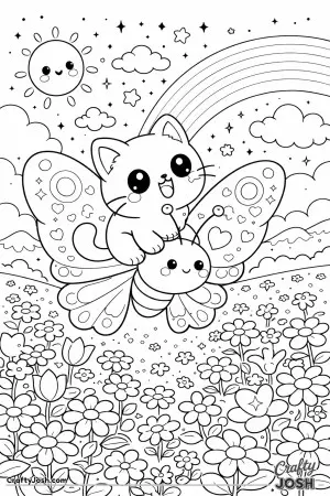 Kawaii cat riding a butterfly through a flower field