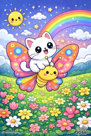 Kawaii cat riding a butterfly through a flower field