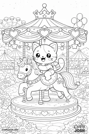 Kawaii cat riding a carousel in a fantasy fair