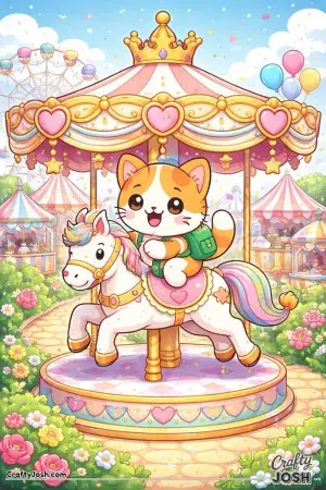 Kawaii cat riding a carousel in a fantasy fair
