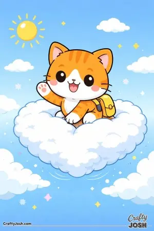 A sweet kawaii cat floats through the sky on a heart-shaped cloud.