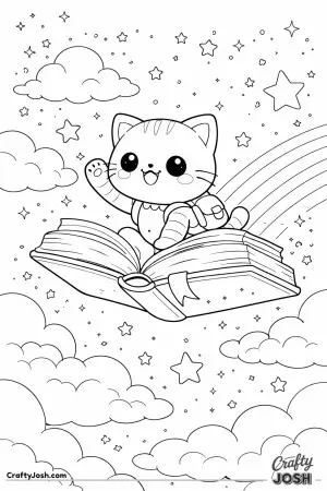 Kawaii cat riding a floating book through the sky